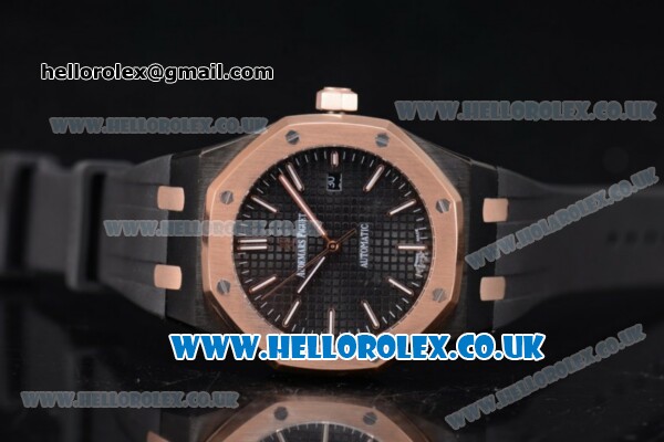 Audemars Piguet Royal Oak 36mm Asia ST16 Automatic PVD Case with Black Dial Rose Gold Bezel and Black Rubber Strap (EF) - Click Image to Close